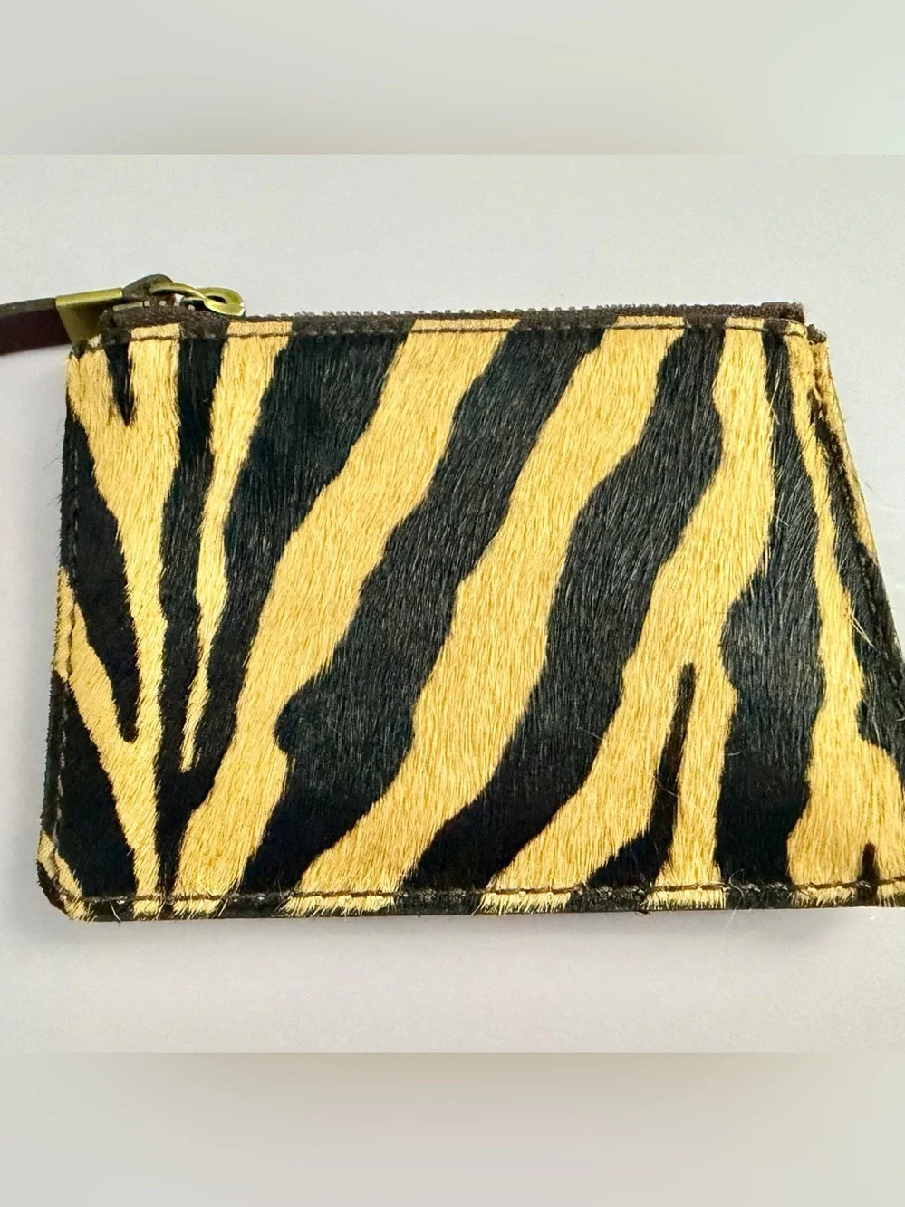 Madewell Zebra-Print Zip Card Case Wallet Dark Brown and Tan Calf Hair 5”x4”